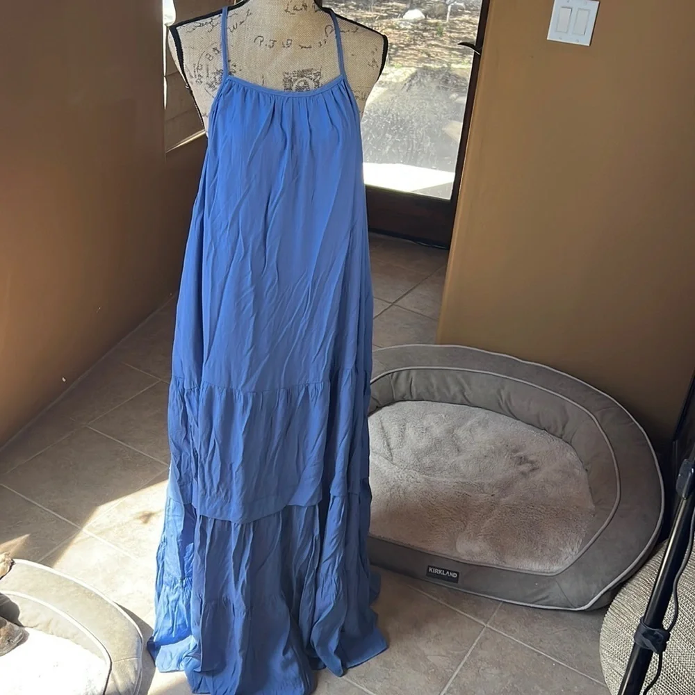 Mustard Seed Blue Tiered Maxi Dress Boho Flowy Racerback Summer Size Small - Picture 2 of 6